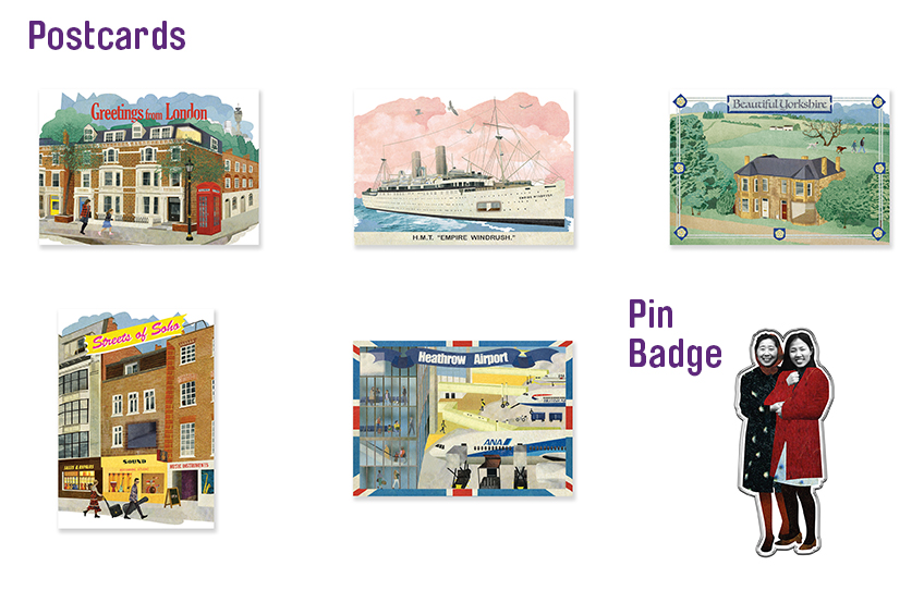 postcards featuring a animated designs of a London townhouse, the Empire Windrush, a yorkshire cottage, a soho street, Heathrow Airport, and a cutout of two women laughing together. 