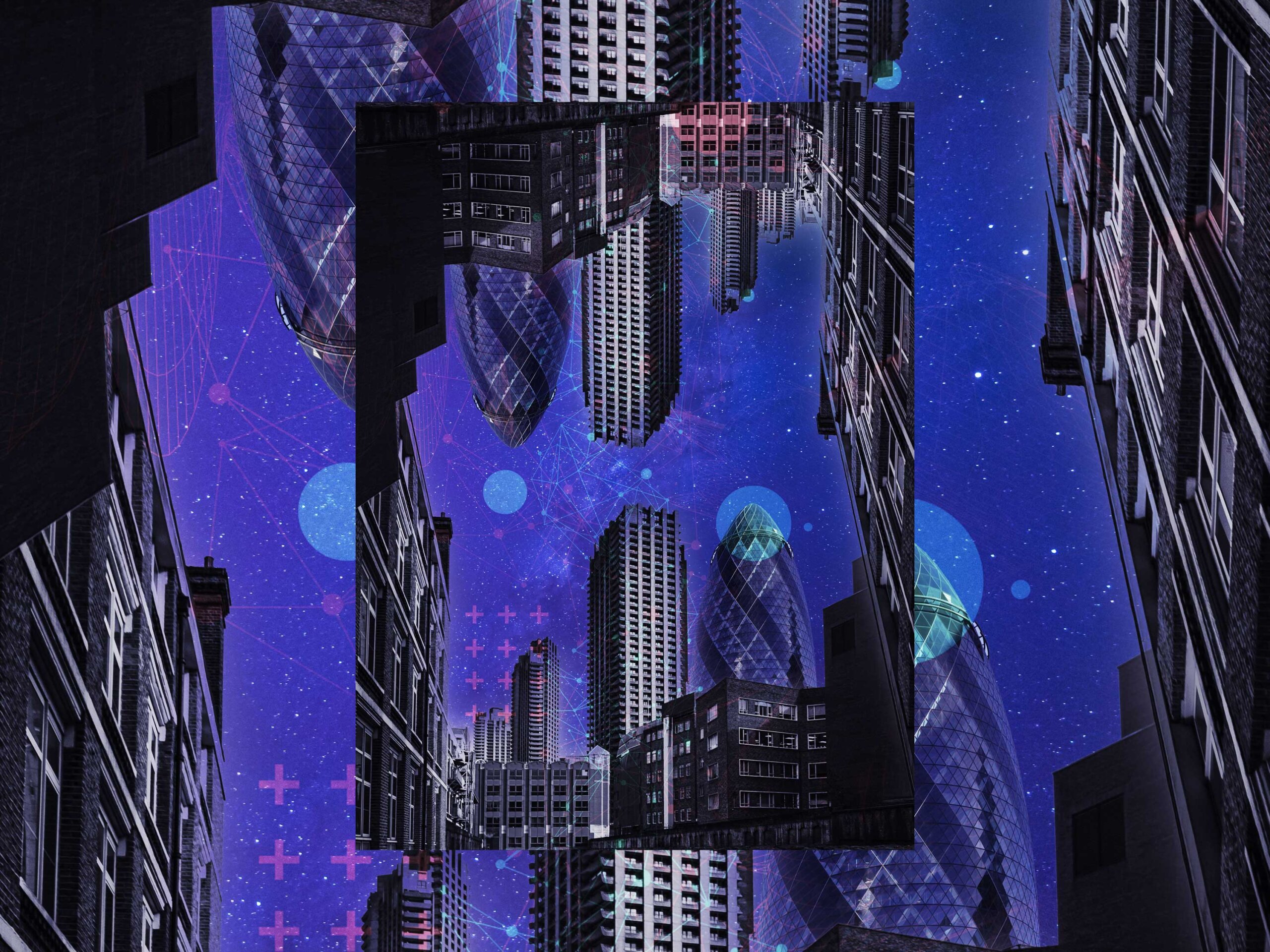 Graphic image of the london skyline, with a mirrored version above, against a space-like background
