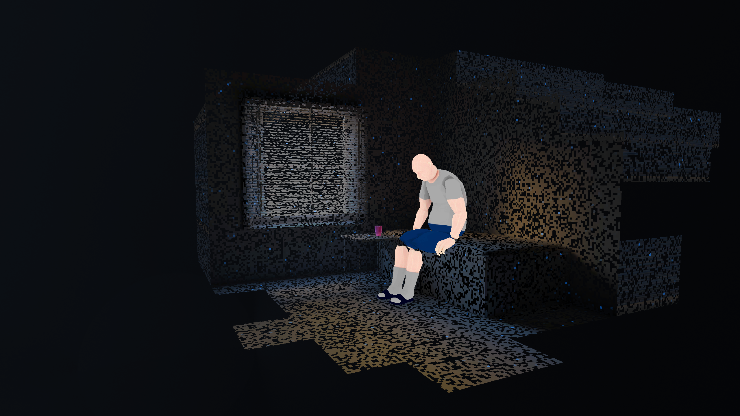 Goliath dressed in a grey top and blue shorts sitting on a bed in a pixelated, dark room in the psychiatric hospital. A window with closed blinds is on the left, and a table with a single pink cup is placed near the person. The scene is surrounded by blocks of grey and black pixels.