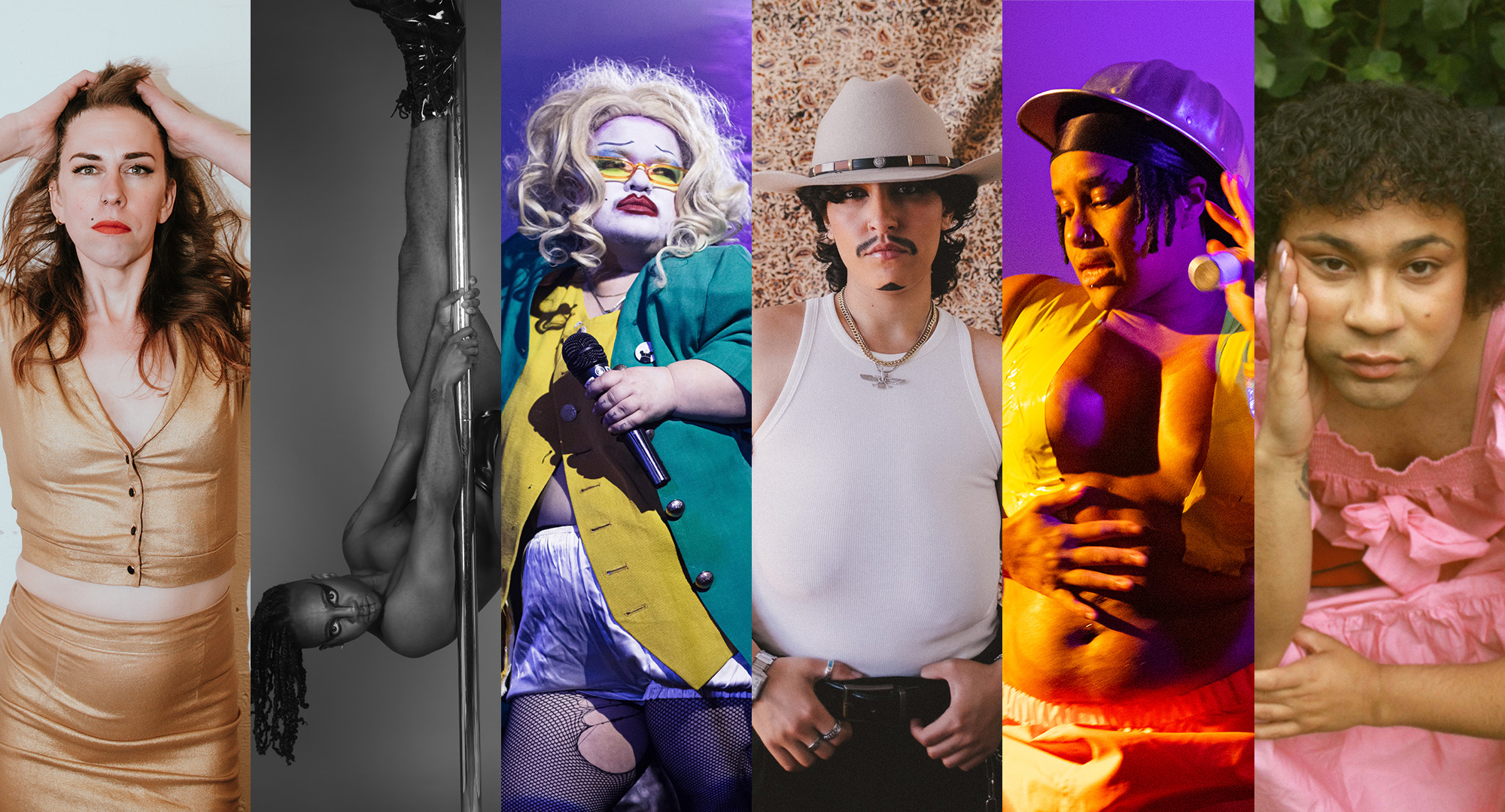 Image of the artists for the Extraordinary Acts!: A Trans Cabaret. Image left to right: Emma Frankland, An0maly, Midgitte Bardot, Prince of Persia, Subira Joy, Travis Alabanza. Each artist is shown posing to the camera.