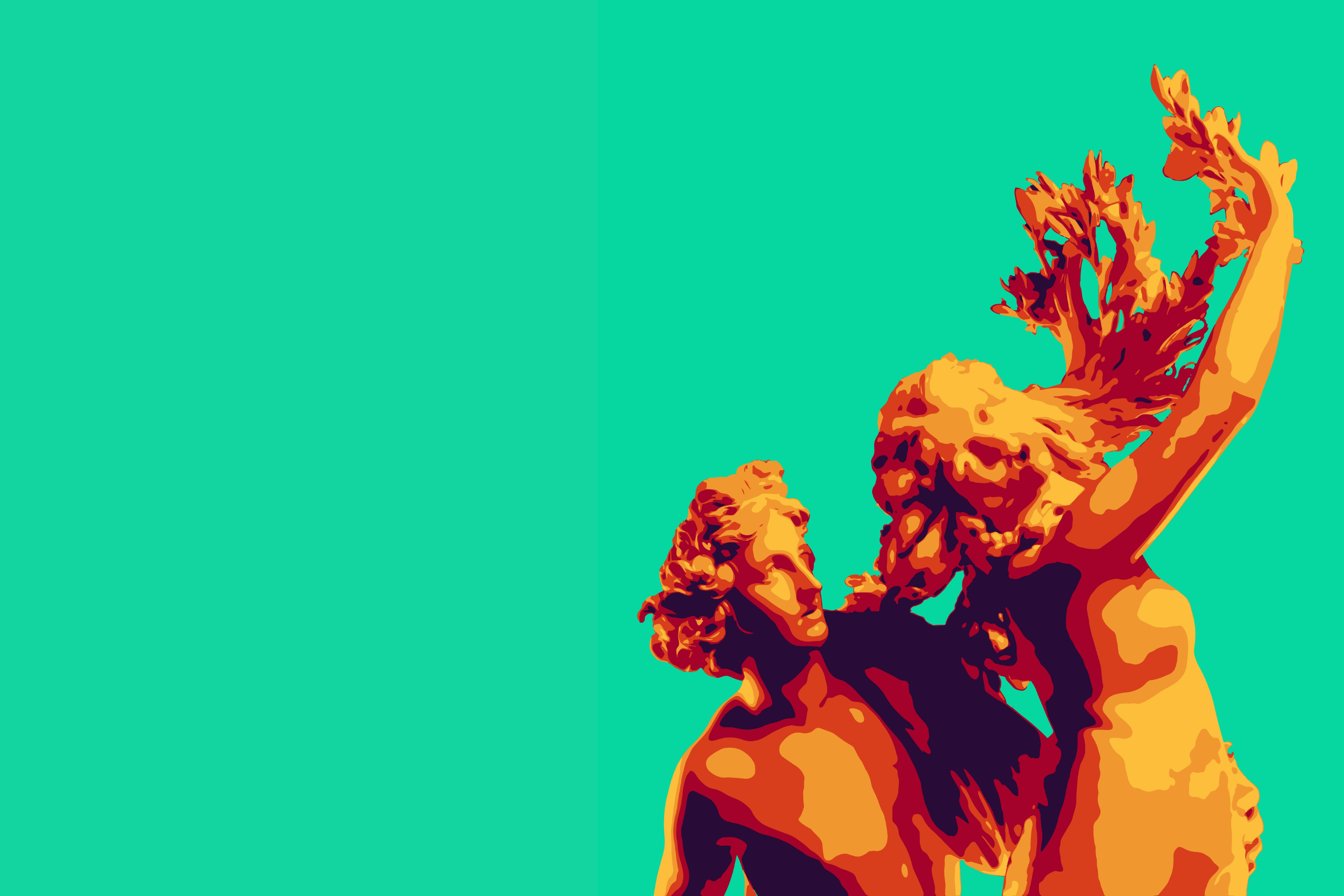 A vibrant, cartoon/statue like-style illustration of Apollo and Daphne in a half embrace. The figures are bright, bold colors with a hippy-inspired aesthetic. Their arms extend upward, transforming into tree branches as they reach toward the corner of the image.